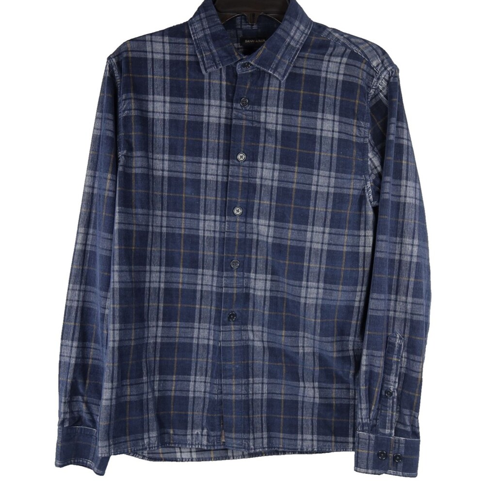 Banana Republic Untucked Slim Fit Corduroy Button Shirt Men's Small Navy Plaid